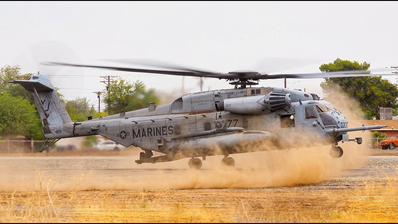 Massive CH-53E Super Stallion Helicopter Rotor Wash Action: Powerful Low Altitude Hover and Takeoffs