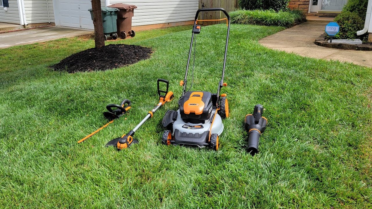 WG751.9 Worx Lawn Mower Power Share 20inch 40volt 4.0ah with Lowes 20 volt Power Equipment Combo
