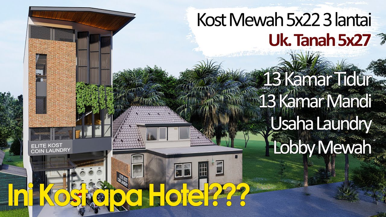 Desain Kost Mewah Lebar 5. Muat 13 kamar WC dalam dan Usaha Laundry di depannya