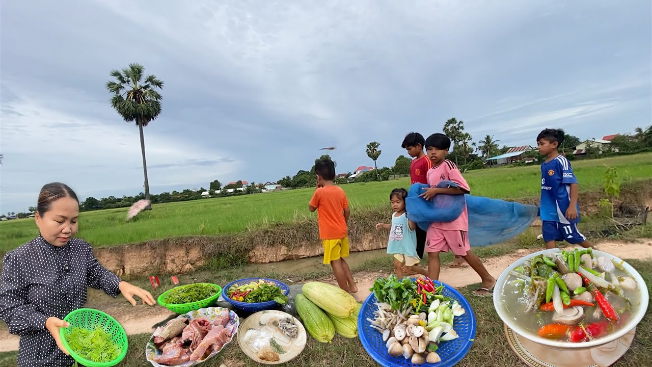 Children intended to catch fish but instead got vegetables,Mother uses The vegetables..regional dish