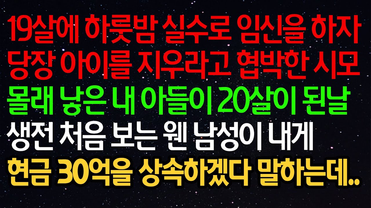 실화사연- 19살에 하룻밤 실수로 임신을 하자 당장 아이를 지우라고 협박한 시모몰래 낳은 내 아들이 20살이 된날 생전 처음 보는 웬 남성이 내게 현금 30억을 상속하겠다 말하는데