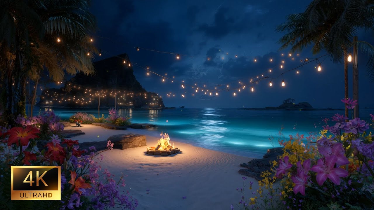 Peaceful Ocean Night ASMR (No Ads) 🌊🔥 Fire & Water Sounds for Deep Sleep