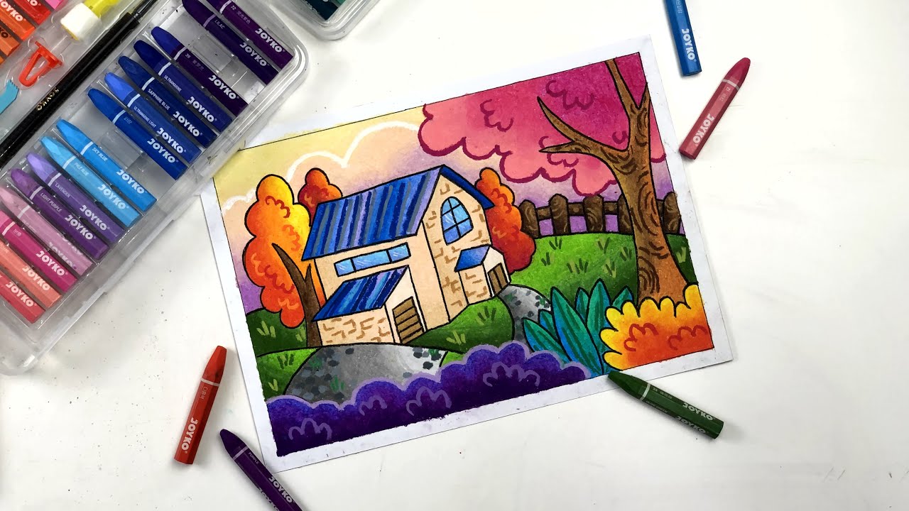 cara menggambar dan mewarnai gradasi pemandangan rumah 🏡