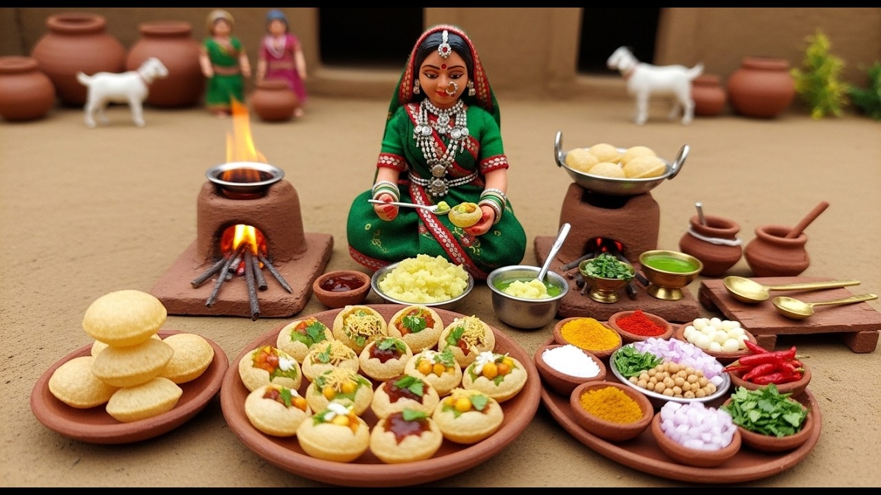 Miniature Doll Pani Puri Cooking ASMR | Tiny Indian Village Kitchen #kidooflixy