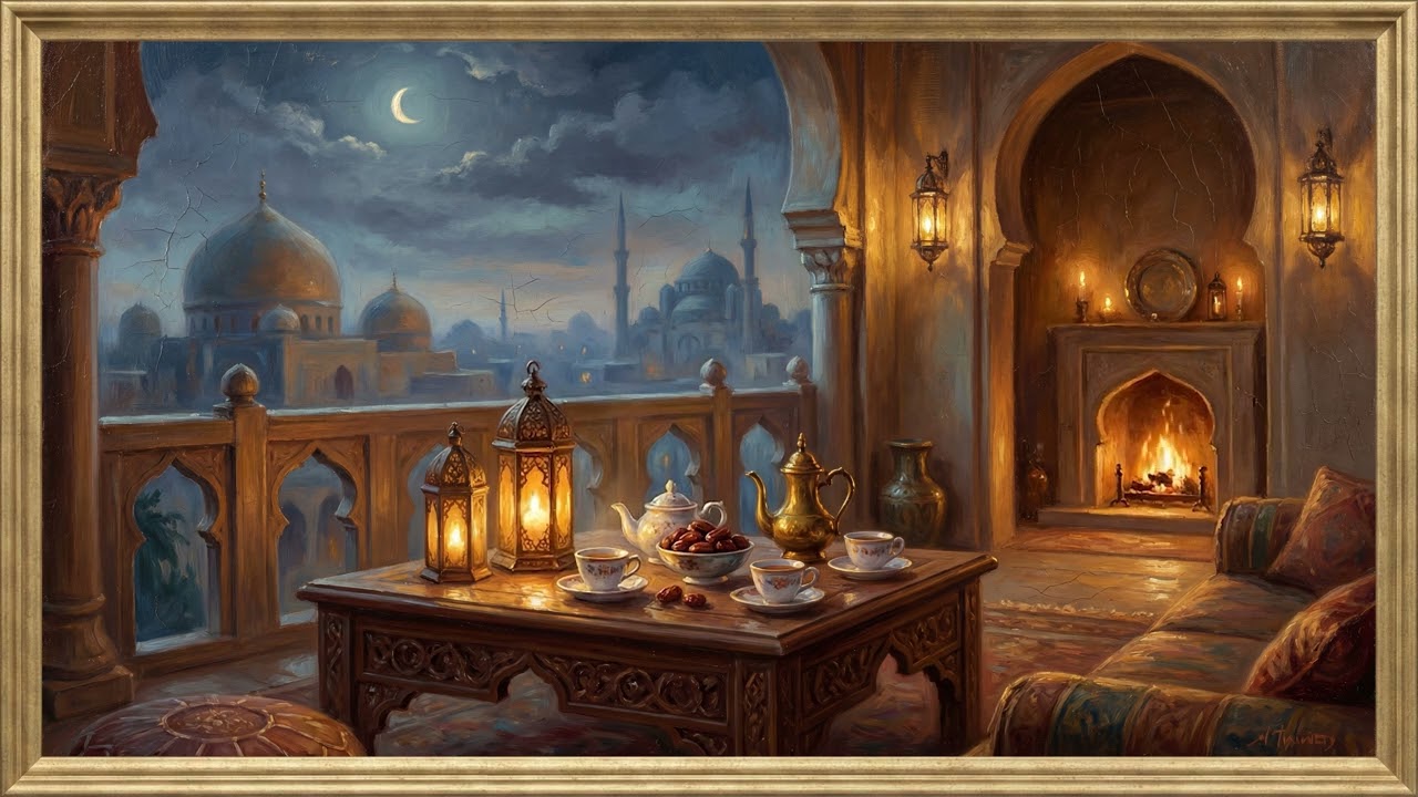 Ramadan Iftar Fireplace🌙 Animated with Crackling Sounds أجواء رمضان | Framed Art TV Wallpaper 4K