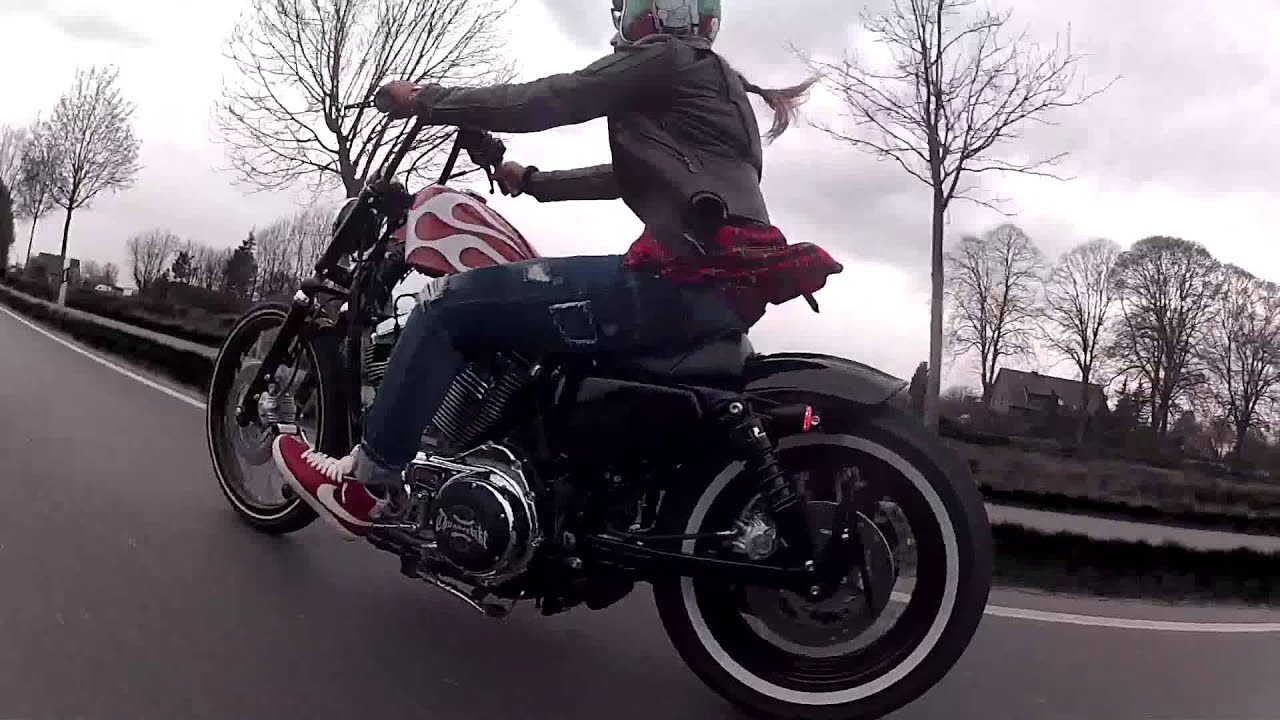 Kim Bergerforth (Thunderbike) rides her Harley Davidson Sportster 72