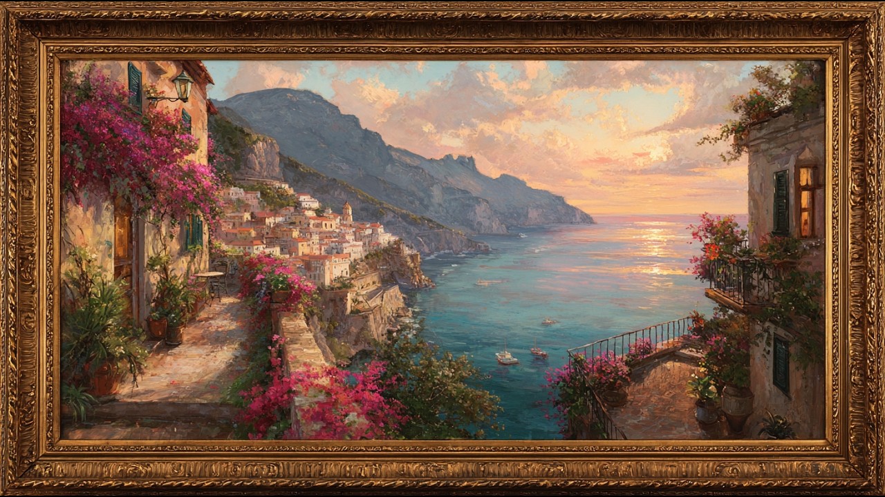 Golden Sunset Amalfi Coast Painting | Frame TV Art Display | 4K Art Screensaver