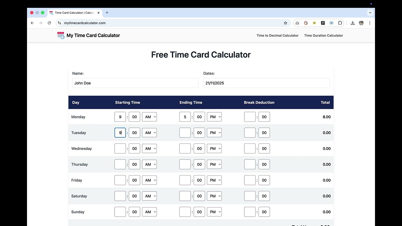 Time Card Calculator | Calculate your work hours easily