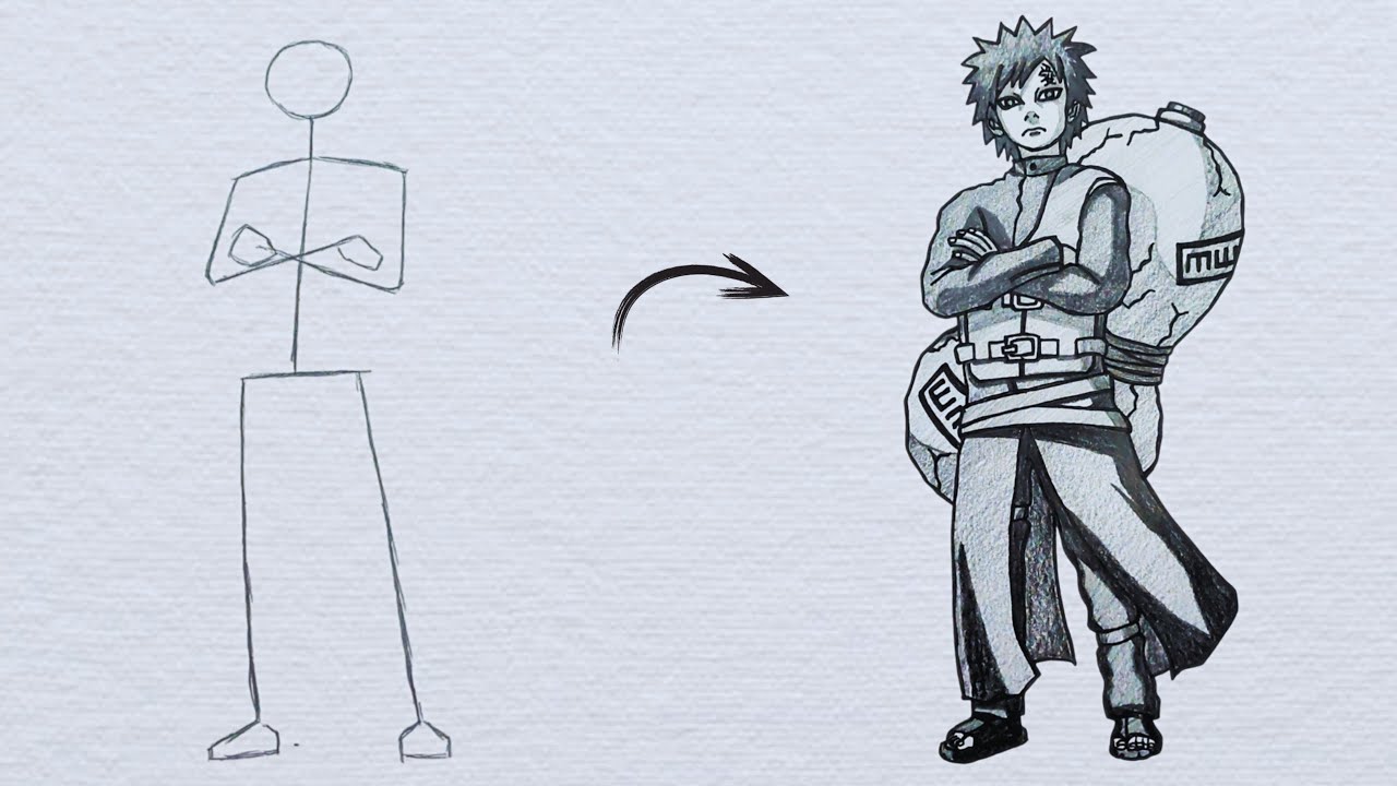 How to draw Gaara full body out of stick man | Naruto Shippuden | Anime drawing step by step