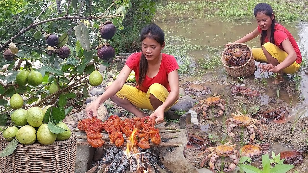 Mountain crab catching, Crab soup tasty for food in forest, Pork leg spicy grilled for jungle food