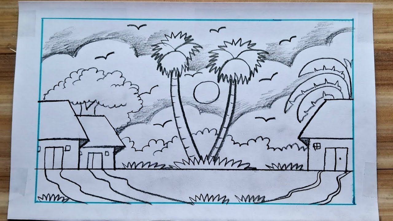 Easy Village Scenery Drawing Tutorials / How to Draw Beautiful Scenery step by step / Nature Drawing