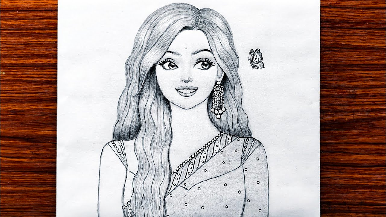 Traditional girl with butterfly drawing/Bride drawing/Saree drawing/Girl drawing/Pencil Sketch