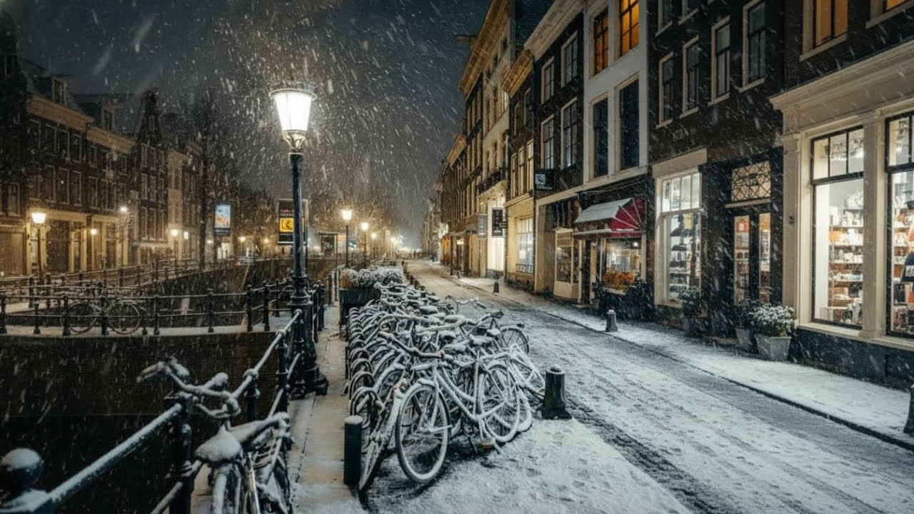 Snowy Night City Ambience | Calm Violin & Piano