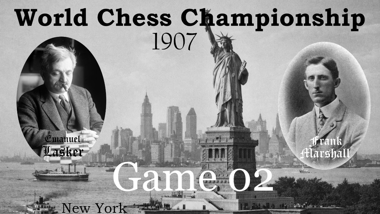 Chess WCC 1907 (USA)  Lasker E. vs. Marshall F., Game 02, Score 1-0, #chess  #Lasker #Marshall