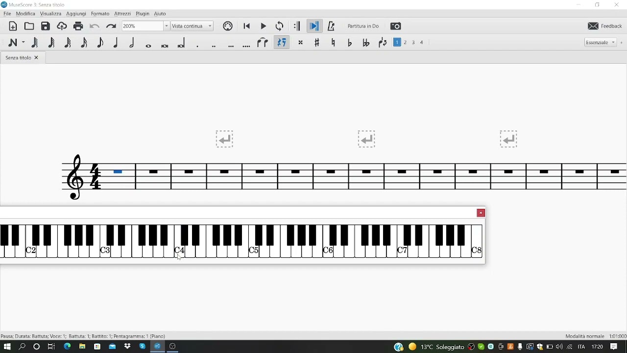 Inserimento note in Musescore con tastiera virtuale