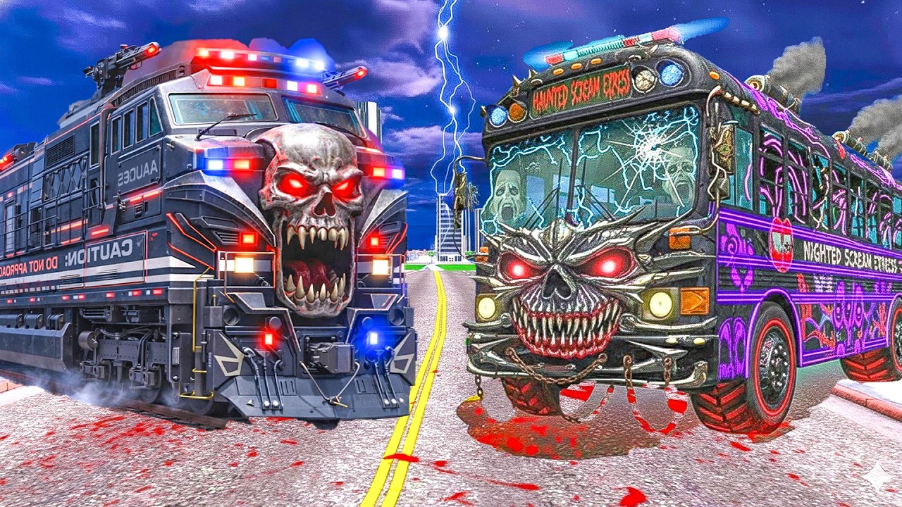 Police Train Vs Haunted Bus in Indian Bikes Driving 3d