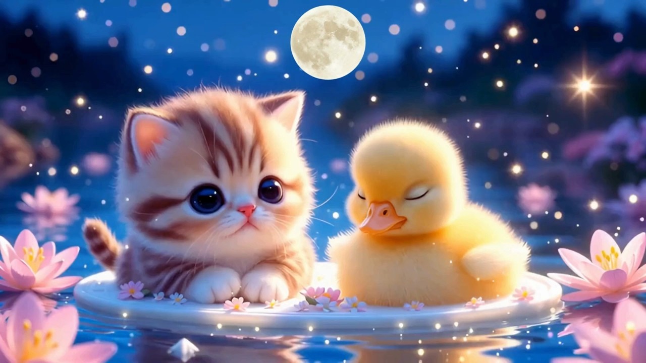 Instant Sleep Baby Music – Emotional & Adorable Kitten and Duck Sleeping on Floating Flowers 🐱🦆🌸✨💤