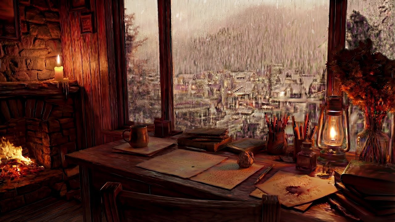 Poet Core Ambience: 10 Hours of Deep Focus ⏳ Piano, Rain, Fireplace & Wind