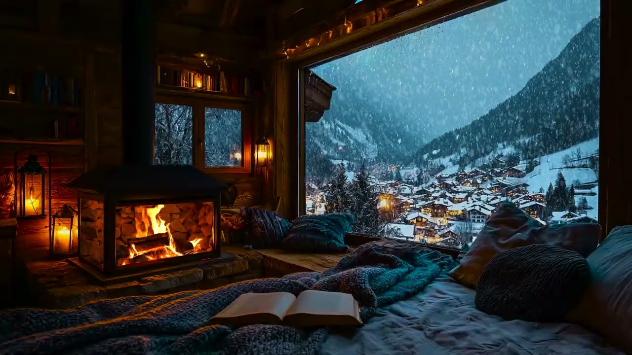 Quiet Snow Cabin Ambience with Cozy Fire Crackling and Peaceful Snowfall for Deep Focus and Sleep