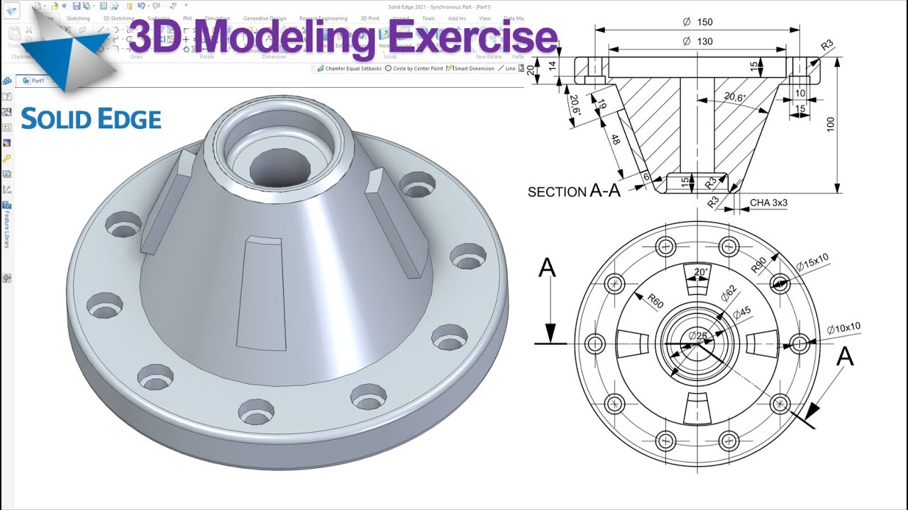 Solid Edge Tutorials #53 | 3D Modeling Practice Exercise | 2D Sketching - Revolve - Hole - Pattern