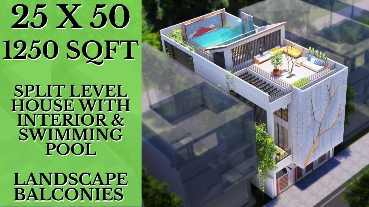 25X50 Feet Split Level House with Double Height Landscape Balconies & Pool at Rooftop | ID-054