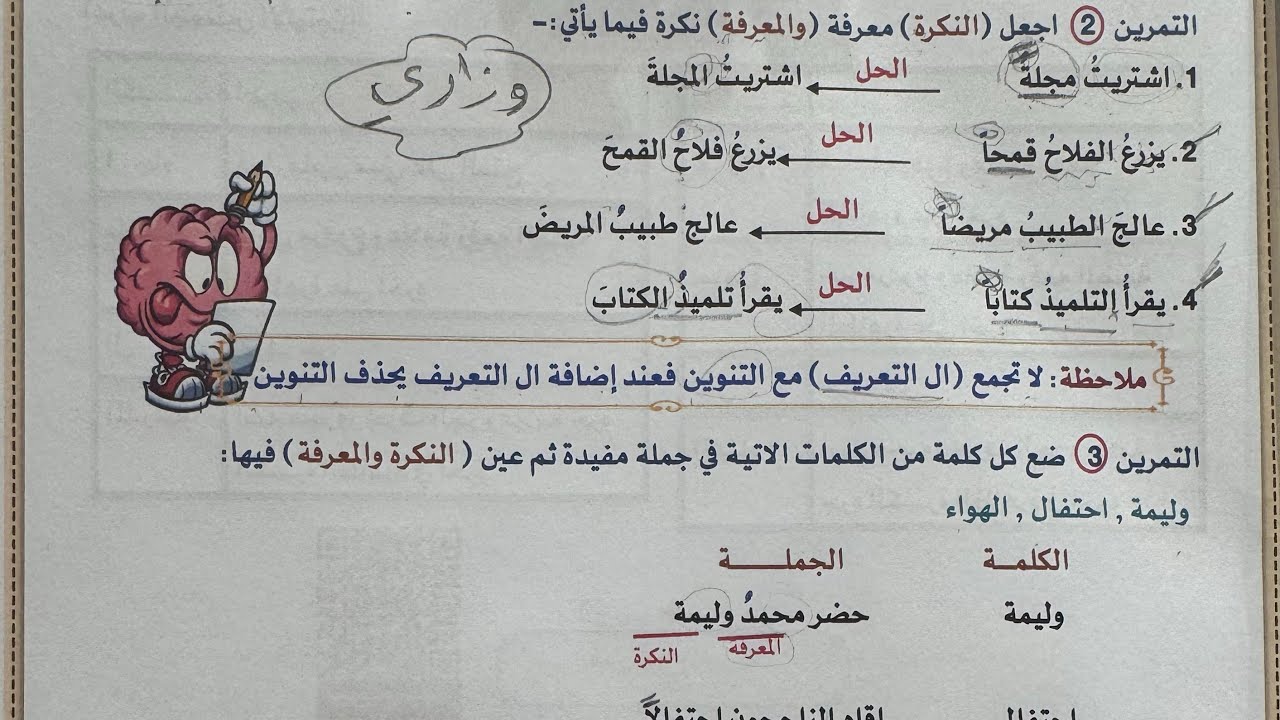 شرح وحل تمرينات النكرة والمعرفة قواعد اللغة العربية للصف السادس الابتدائي/ الدرس الاول 