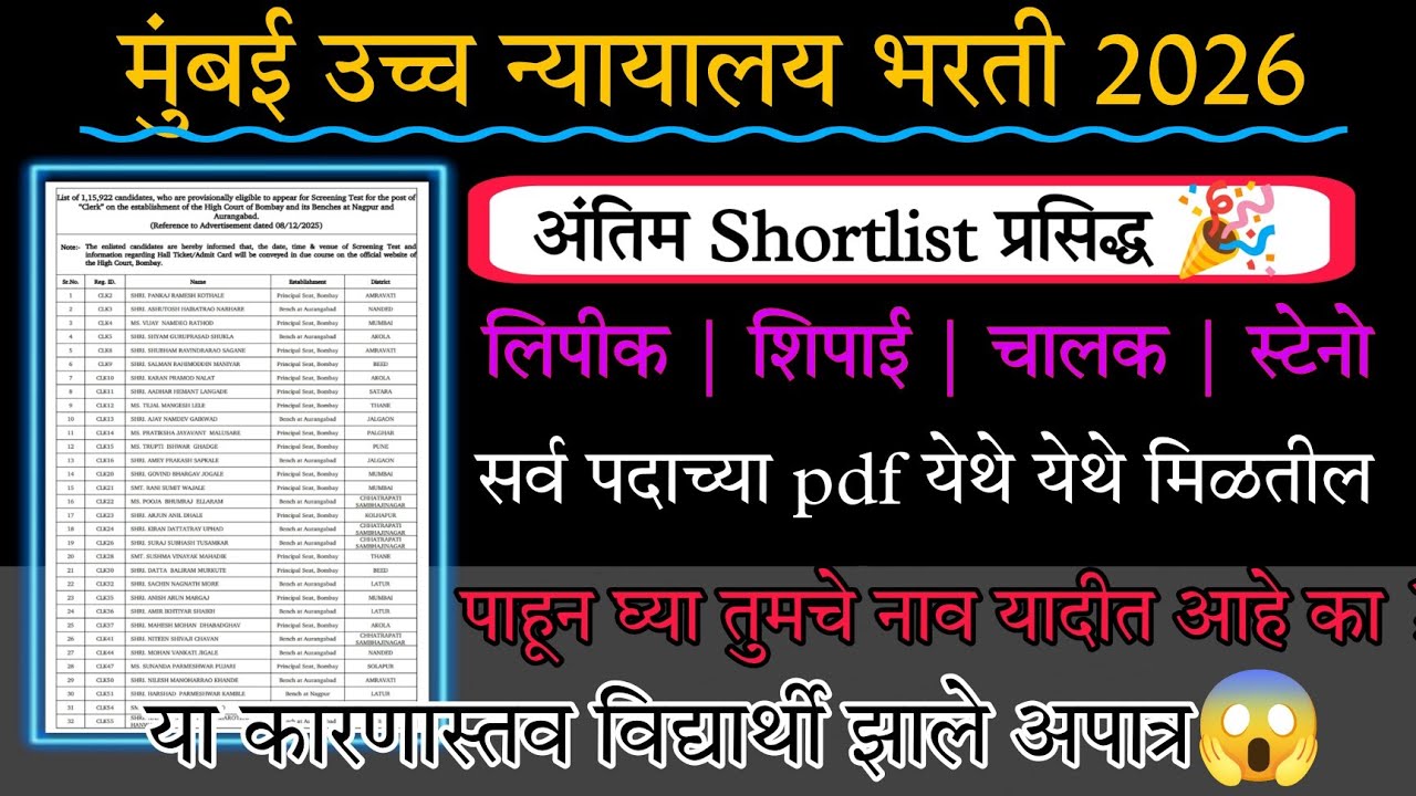 Bombay high court shortlist✅ अशी करा शॉर्टलिस्ट डाउनलोड | हे विद्यार्थी ठरले अपात्र | exam date आली🥳