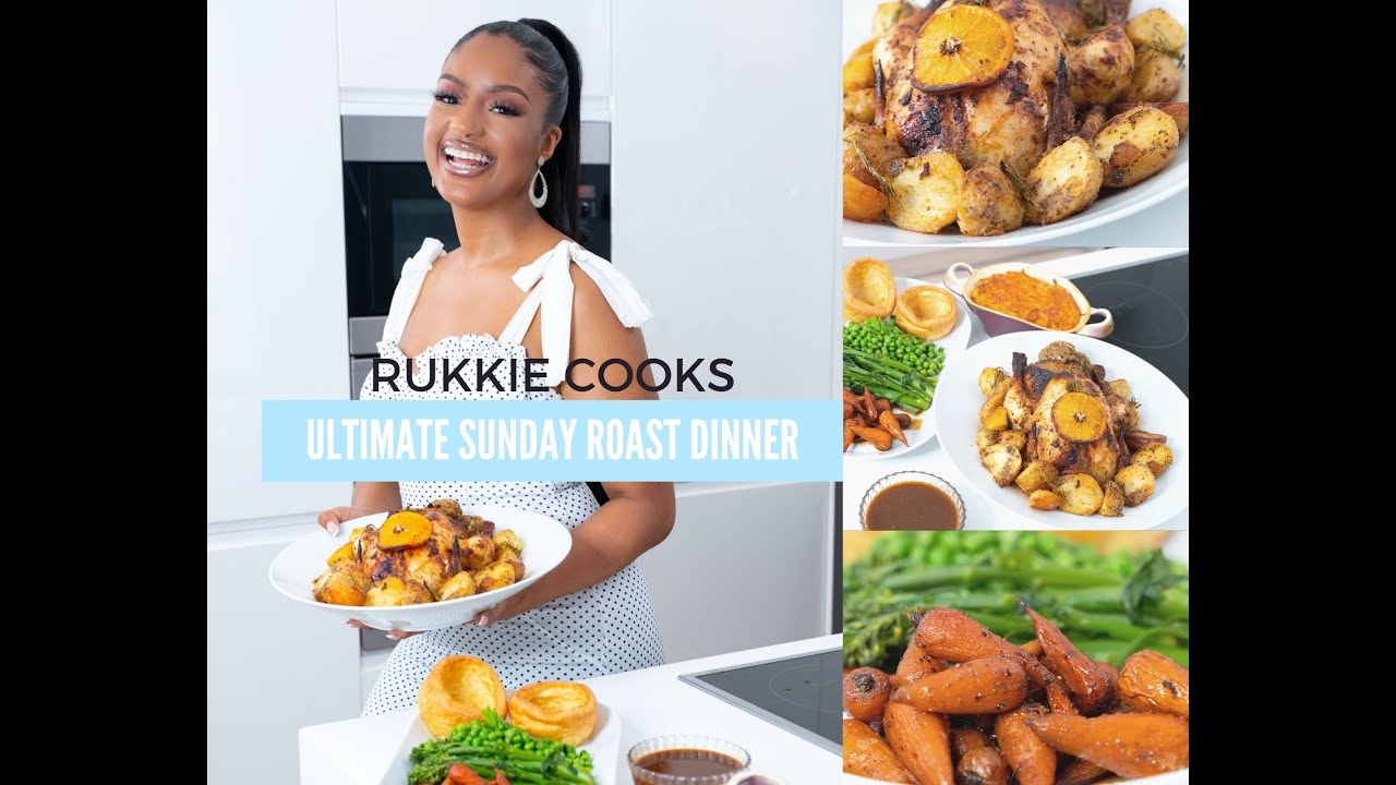 RUKKIE COOKS ROAST DINNER - ROAST CHICKEN, MAPLE GLAZED CARROTS, MINT PEAS, ROSEMARY ROAST POTATOES