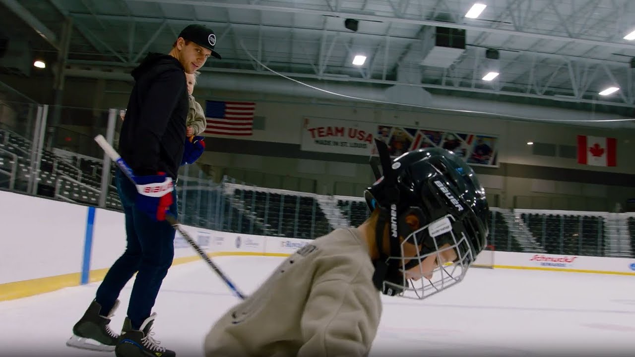 Brayden Schenn skates with his children on Road To The Discover NHL Winter Classic