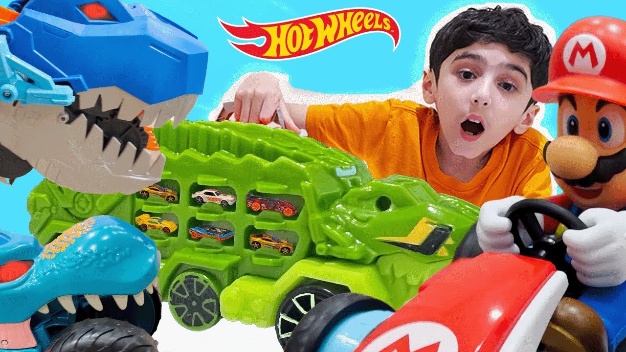HOT WHEELS ULTIMATE T-REX TRANSPORTER VS MEGA-WREX AND MARIO RC PLUS MORE!