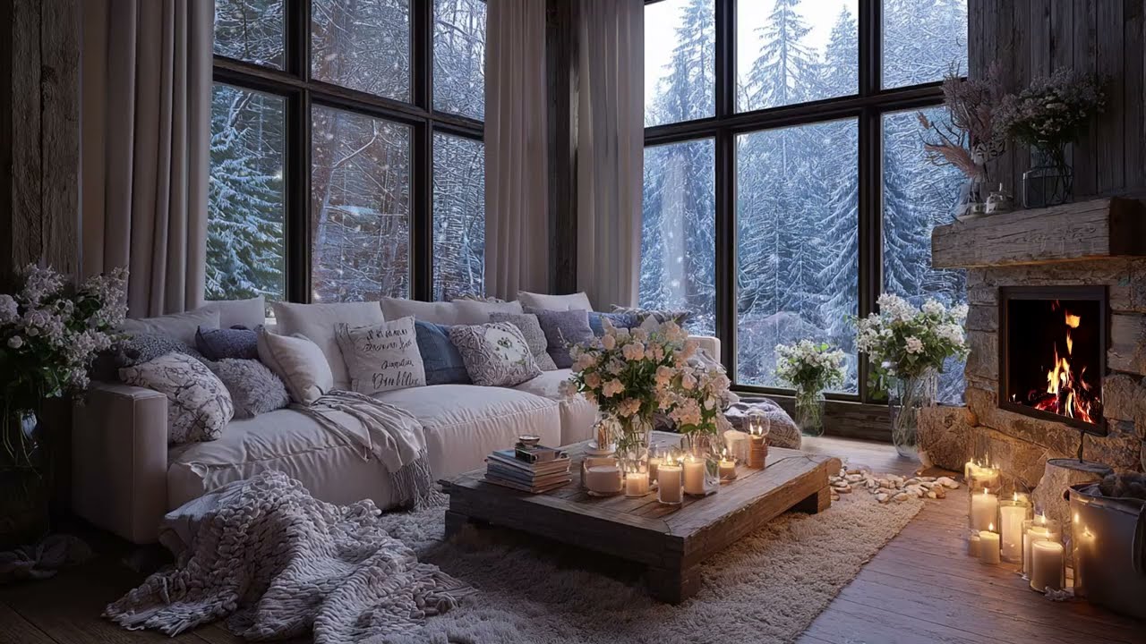 Peaceful Winter Time in a Cozy Cabin: Relaxing Piano Music and Warm Fireplace for Sleep