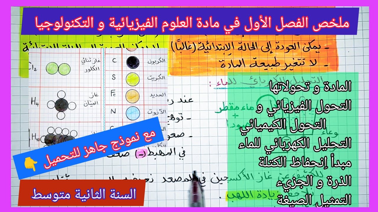 ملخص الفصل الأول في مادة العلوم الفيزيائية السنة الثانية متوسط مع نموذج جاهز للتحميل 👇