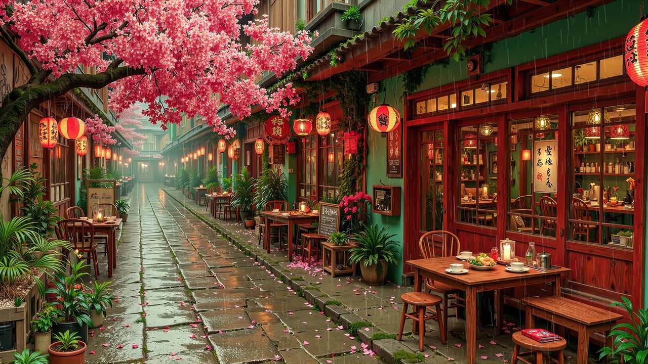 Japanese Alley Café Jazz in the Rain - Cozy Spring Ambience with Relaxing Jazz for Stress Relief