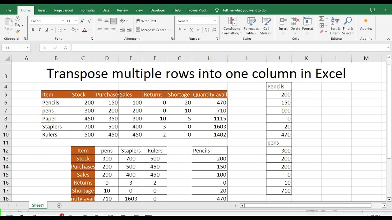 Transpose multiple rows into one column in Excel