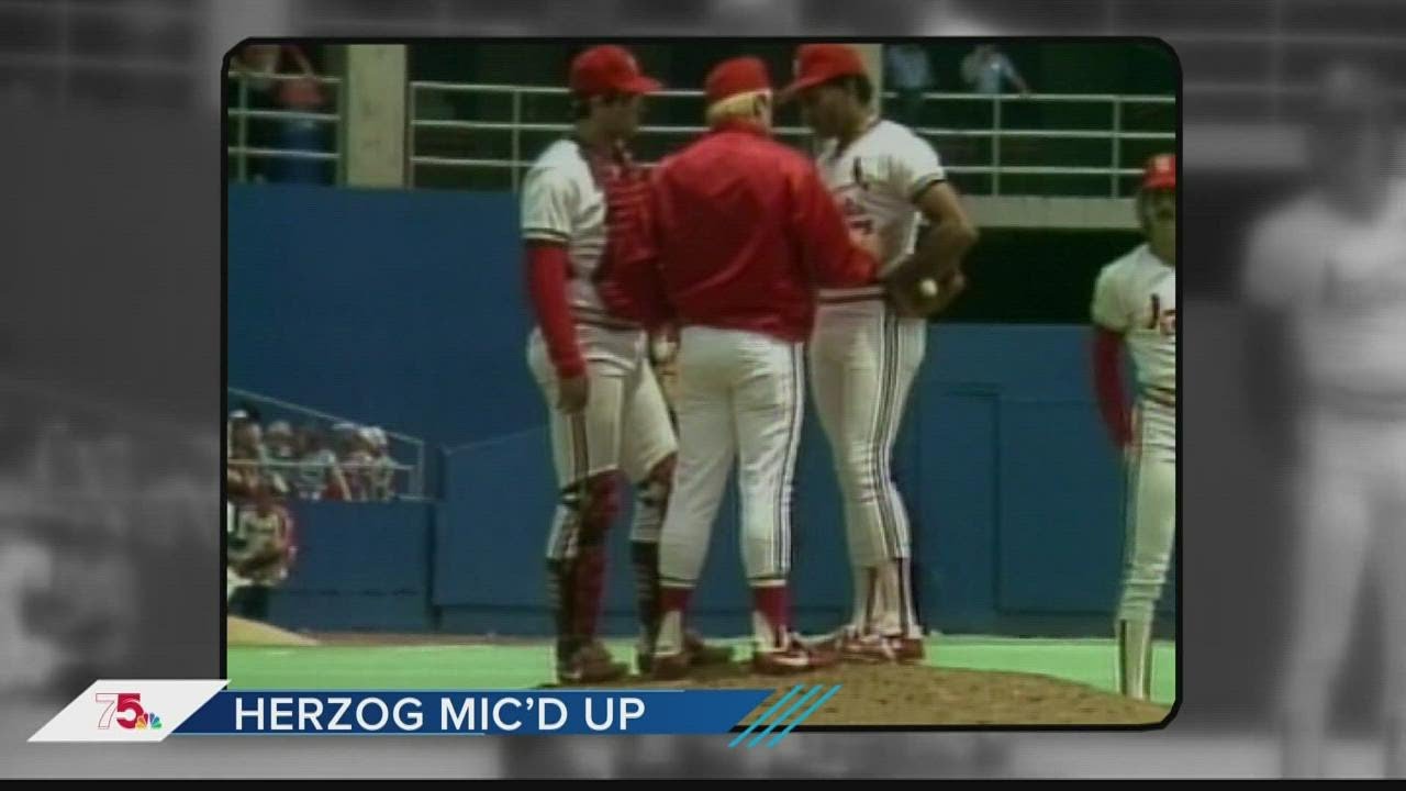 Hall of Famer Whitey Herzog wears microphone during 1983 Cards game