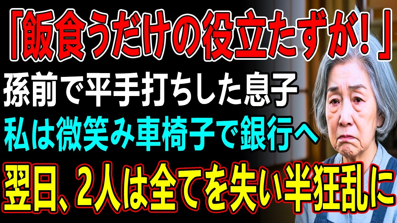 「飯食うだけの役立たずが！」ご飯を投げつけ孫の前で私の頬を平手打ちする息子夫婦。その夜、私は静かに微笑み車椅子で銀行に向かった→翌日、私は2人を自分の人生から消した