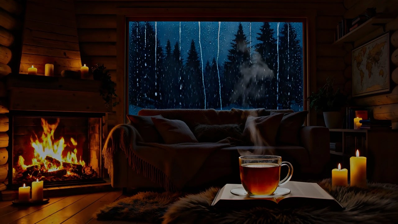 Cozy Cabin Heavy Rainstorm 🌧️🔥 Deep Sleep with Crackling Fireplace All Night Long