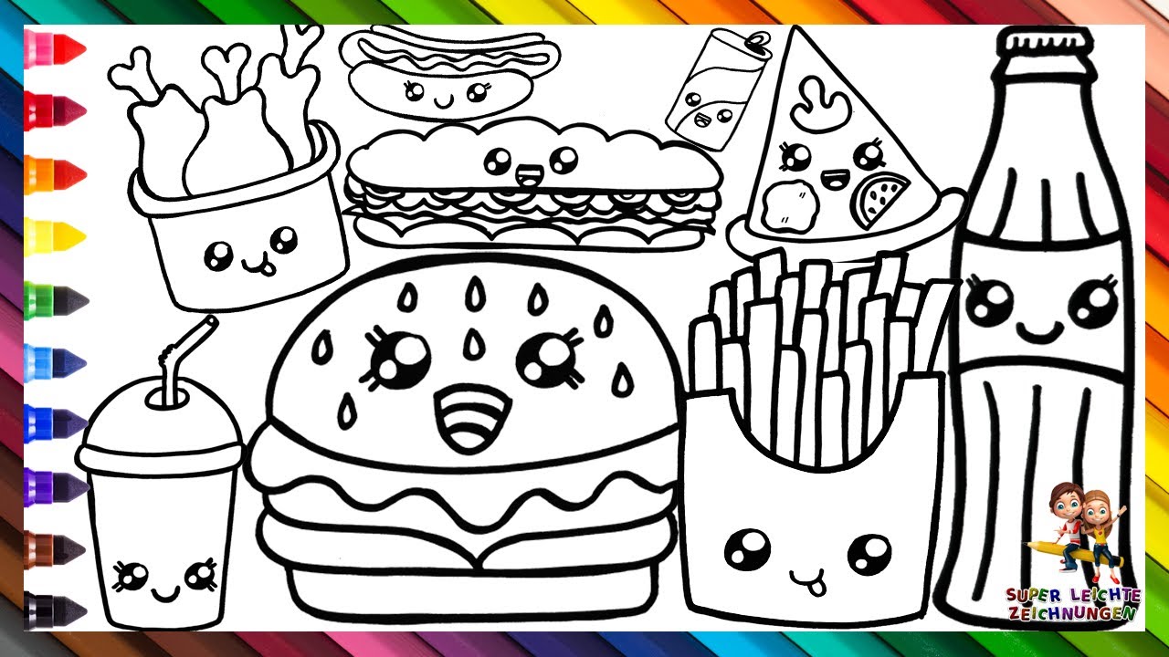 Zeichne und male Fast Food 🍔🥤🌭🍕🥪🍗 – Burger, Cola, Hot Dog, Pizza und mehr – Zeichnungen für Kinder
