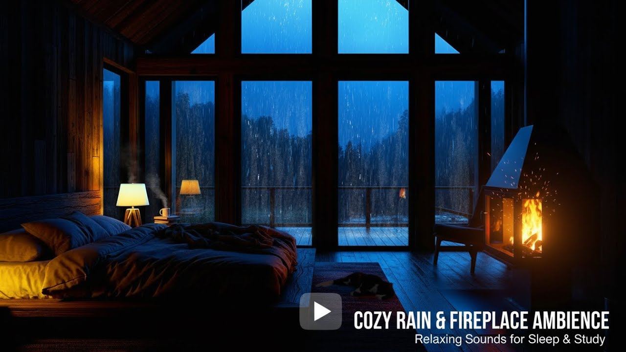 Fireplace & Rain Sounds in a Wooden Cabin | Cozy Night Ambience for Sleep
