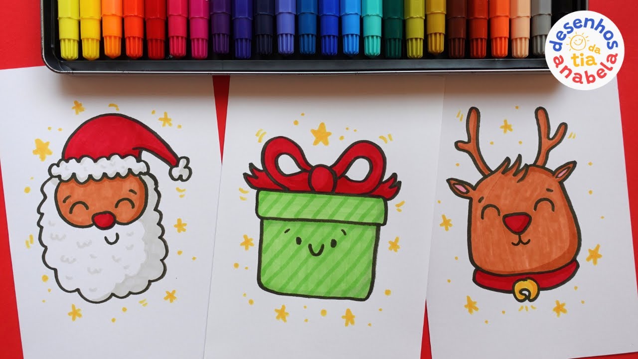 3 Desenhos de Natal🎅 Rena, Pai Natal e Presente | Desenhar e Pintar para Crian&ccedil;as