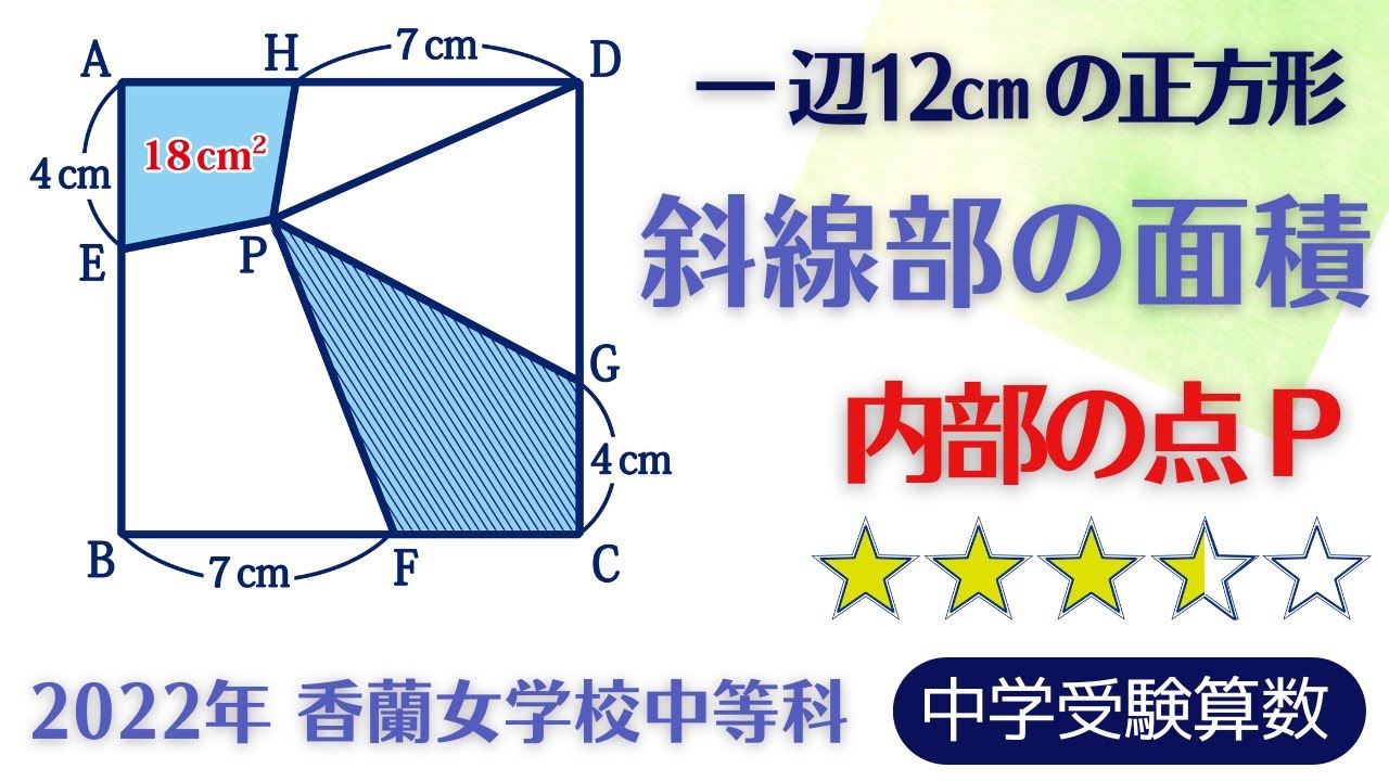 【中学受験算数】平面図形　正方形の区切り面積　香蘭女学校中等科　2022年  【最難関クラス/偏差値up】