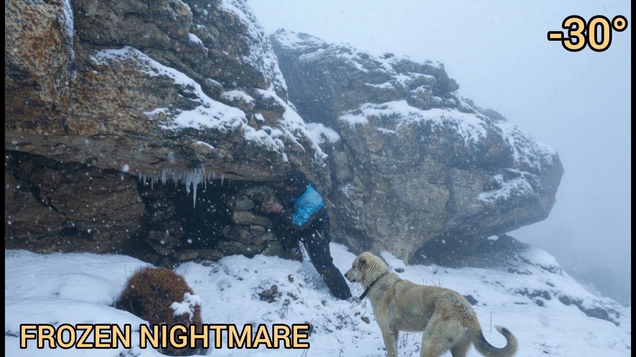 Bushcraft in Snowstorm: Building a Survival Shelter wite fireplace in Extreme Winter Blizzard & mist