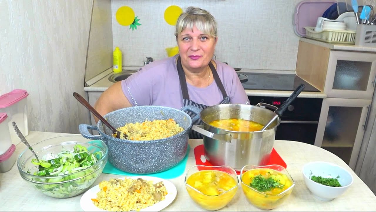 Меню КАК  накормить большую СЕМЬЮ! Готовим за час ЖАРКОЕ с МЯСОМ! ПЛОВ! Салат -Огурцы Закусочные!