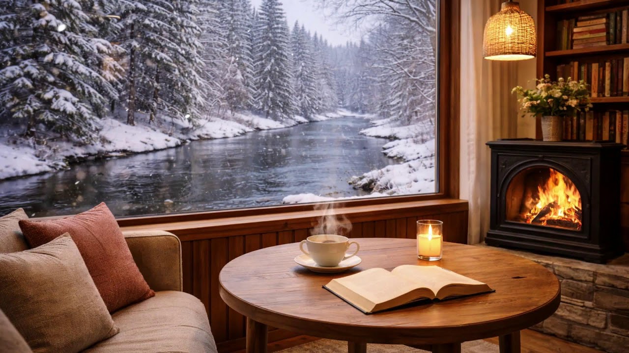 Snowy Night Beyond the Glass  Fireplace Warmth for Deep Concentration
