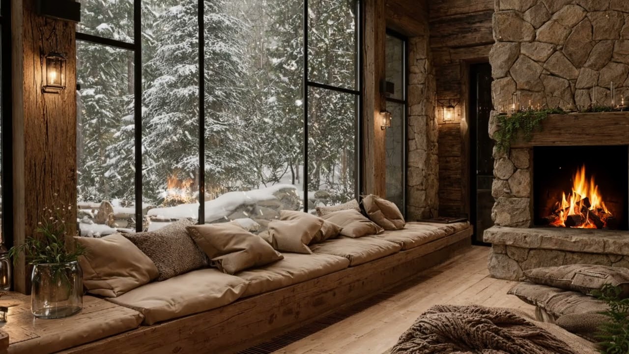Cozy Cabin Fireplace Ambience with Snowfall | Warm Fire Sounds for Relaxation, Sleep, Study