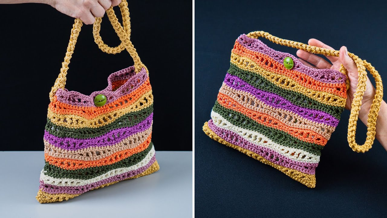 Простая многоцветная сумка с волнами, связанная крючком Miarti🧶