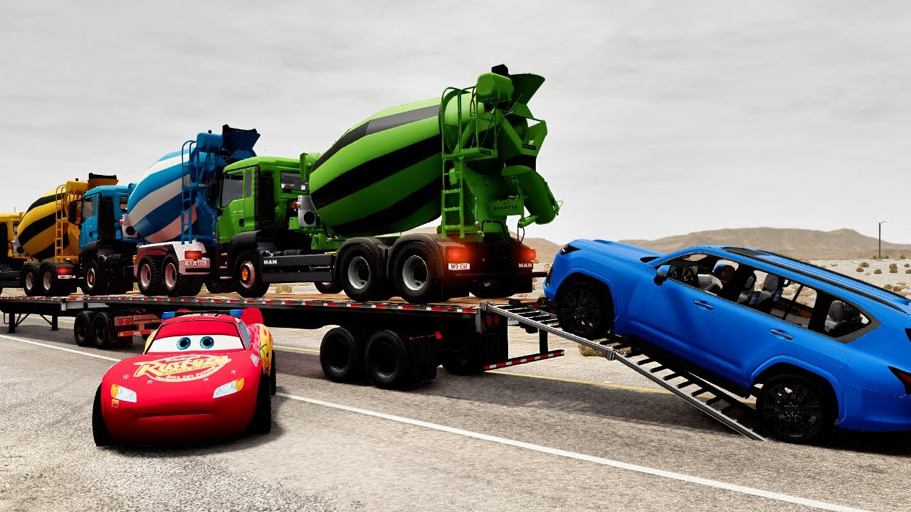 Triple Flatbed Trailer McQueen Transportation with Truck   Speedbumps vs Cars vs Train   BeamNG#2