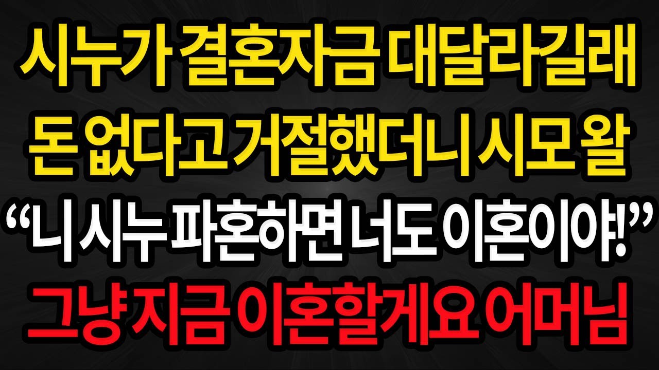 (사이다사연) 시누 결혼자금 대달라길래 돈 없다고 거절했더니 시모가 시누 파혼당하면 저도 이혼이라네요 /실화사연/라디오사연