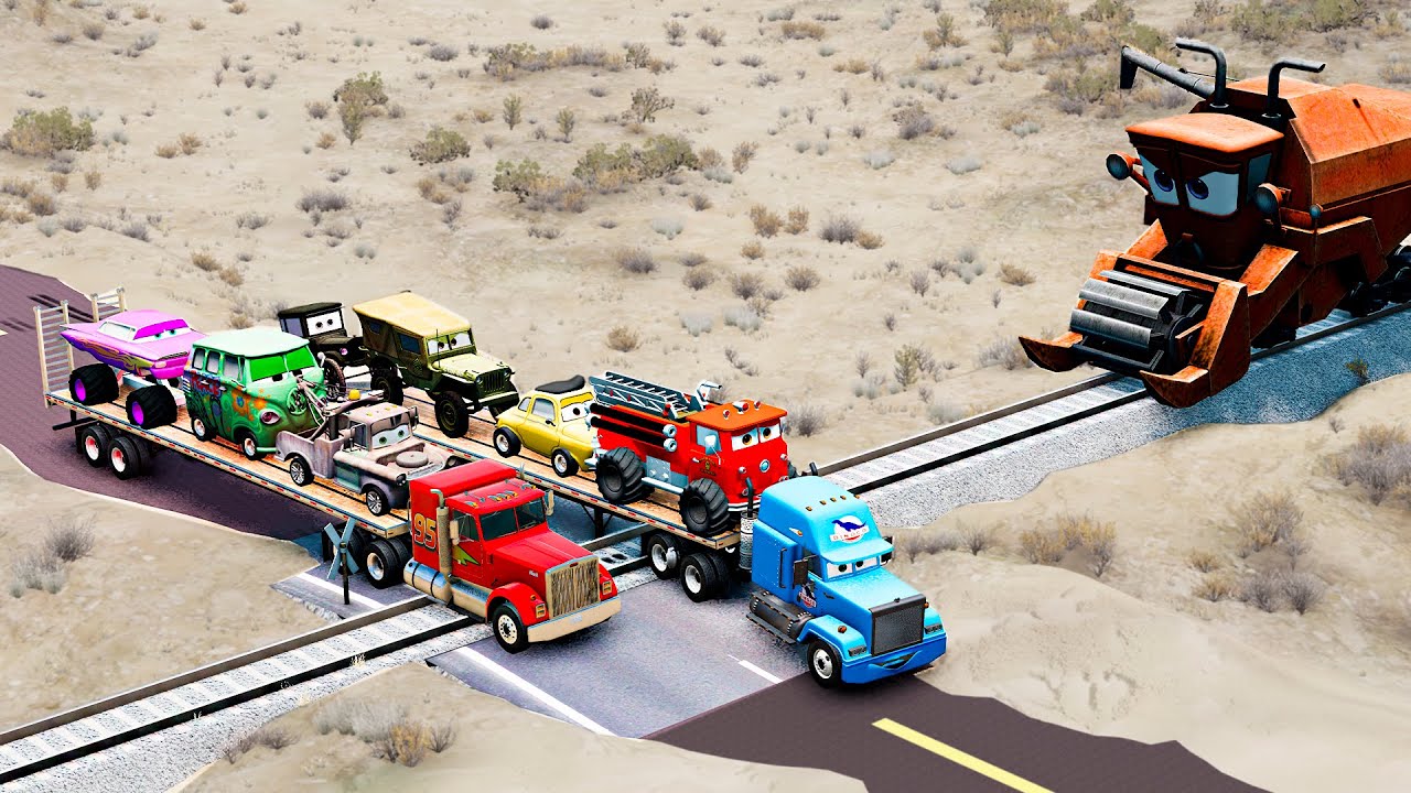 Double Flatbed Trailer Mack Truck vs King Dinoco Truck vs Train - Beamng.Drive