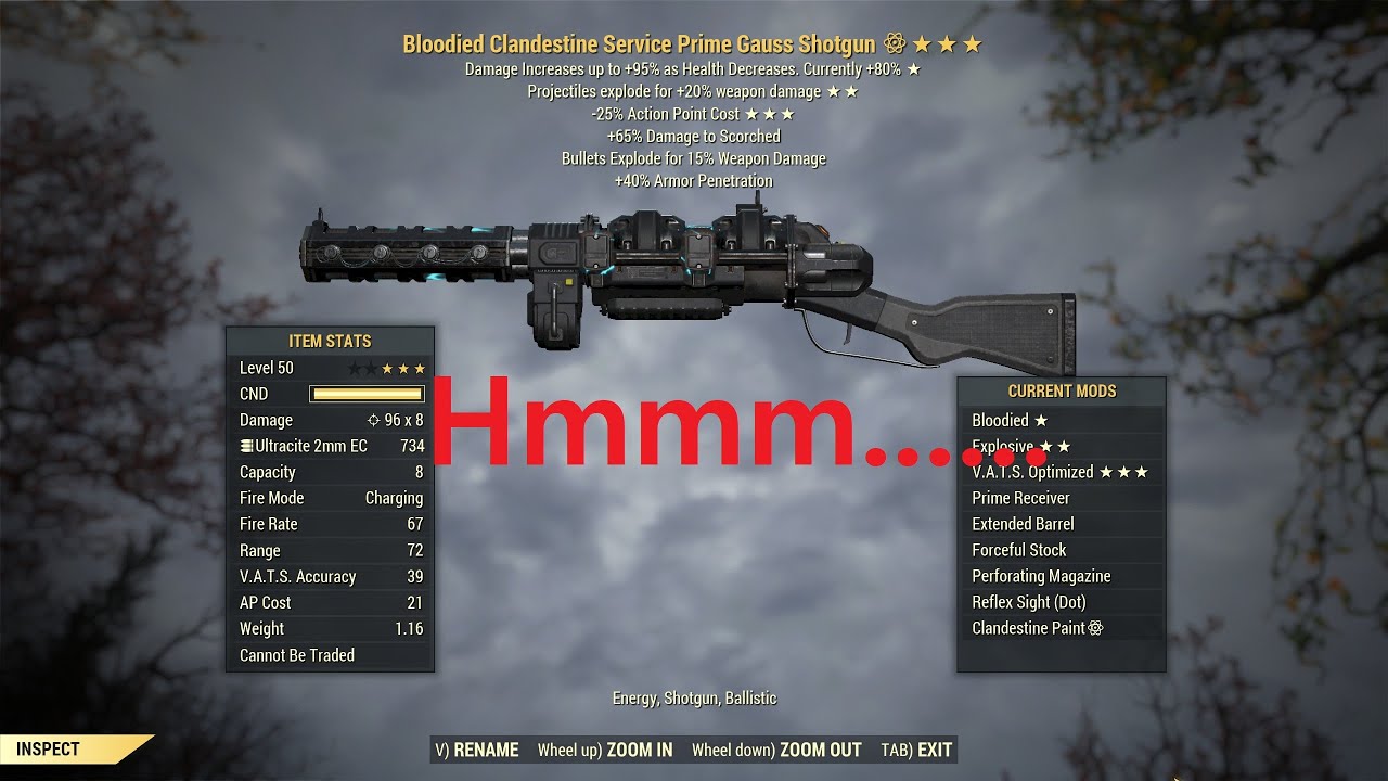 Fallout 76: Bloodied Explosive Gauss Shotgun.